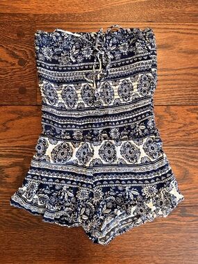 Vintage Havana Blue and White Paisley Romper Girls 12-14